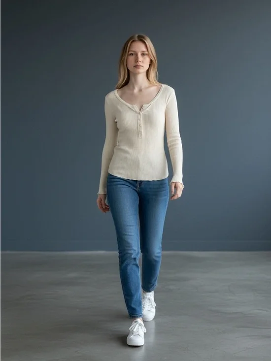 aerie Ribbed Henley Long Sleeve Top — Cream Size M - Picture 5 of 10